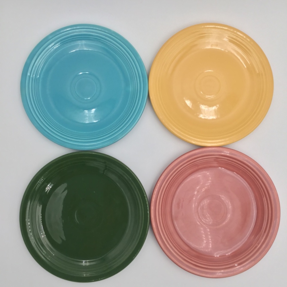 4 Vintage Genuine Fiesta Rose Pink Turquoise Green Yellow 7.25" Salad Plates